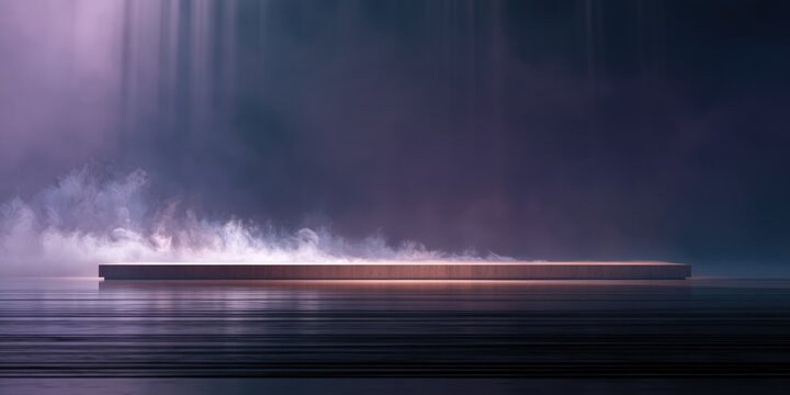 A sleek, illuminated platform emerges from wisps of smoke under dramatic lighting