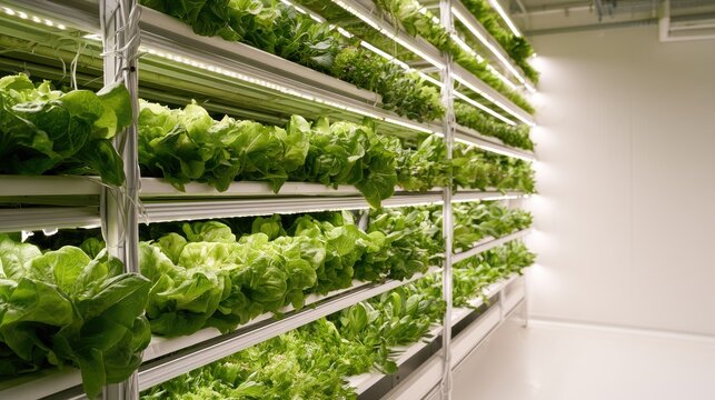 Rows of fresh green lettuce grow under artificial lights in a vertical farm (1)