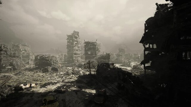 Murky skyline with distant ruins and low sun filtered through cloud, wide panorama of broken blocks and overgrown lots, mood of endurance and slow reclamation