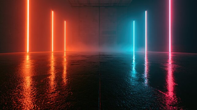 A stark, smoky interior illuminated by vibrant red and blue neon lights