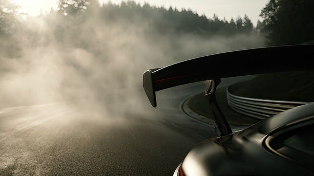 Close up of a car's rear spoiler on a race track, engulfed in smoke