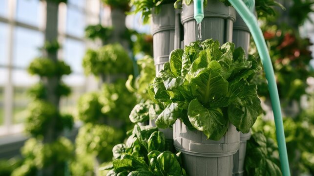 Lush green leafy vegetables growing in a vertical hydroponic garden system