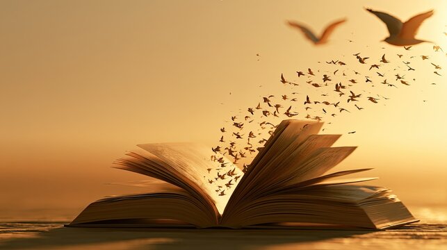 An open book releases a flock of birds into a warm, sunlit sky