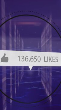 Animation of like icon with increasing numbers against light trails and digital waves