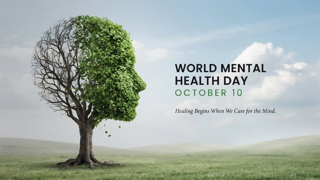 World Mental Health Day concept with tree shaped like human head. October 10 awareness banner with green leaves and dry branches. Psychological healing and wellness.