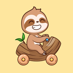 Naklejka premium Cute Sloth Riding Branch Tree Motorcycle Toy Cartoon