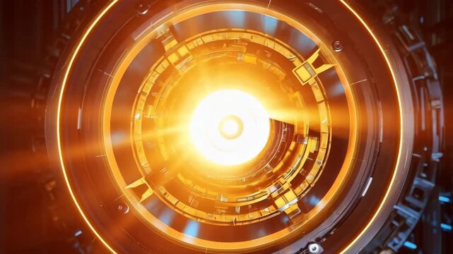 Circular Futuristic Reactor Core with Glowing Orange Energy, Blue Highlights, and Golden Machinery