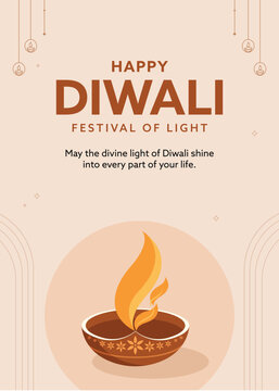 Happy Diwali Festival Greeting Card Template with Burning Oil Lamp (Diya) Illustration on Beige Background.