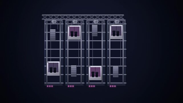 Abstract animated elevator dispatch handling traffic drawn as blue and cyan lines and shapes on a deep dark background. Seamless looping 4K motion graphics video with free space for text, ideal for in