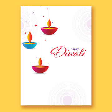 Happy Diwali Festival Greeting Card Template with Burning Oil Lamps (Diya) Hang on White Mandala Design Background.