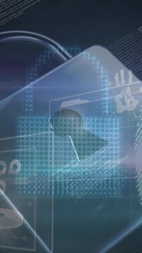 Animation of padlock icon over data processing and fingerprint on black background