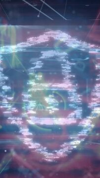 Animation of padlock icon with fingerprints over data processing on black background