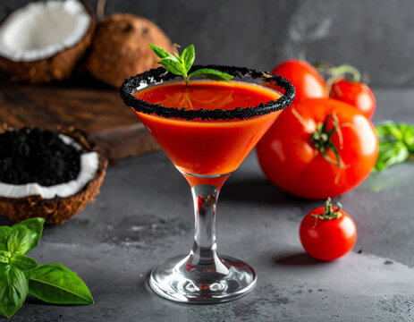 Coconut Charcoal Tomato Martini, clarified tomato water