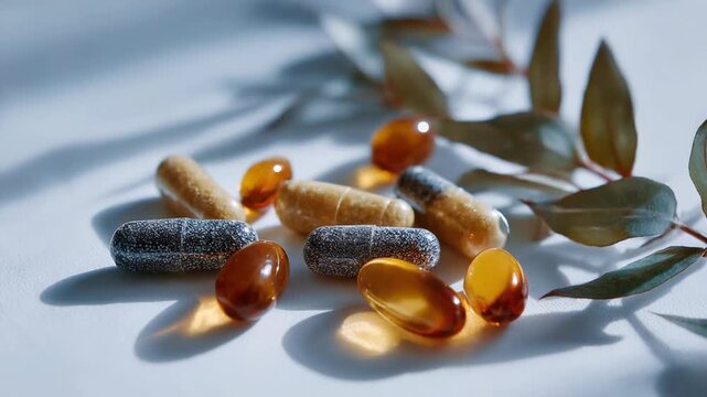Natural supplement capsules and softgel vitamins with herbal ingredients and olive leaves in bright wellness concept macro scene