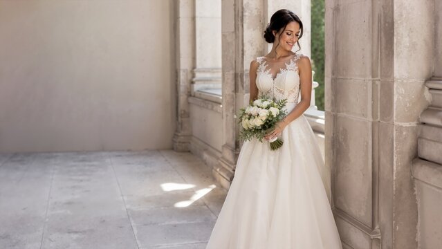 Bride in a lace bodice gown holding a white rose bouquet. Woman standing by stone pillars in an architectural corridor