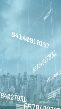 Animation of numbers changing and data processing over cityscape