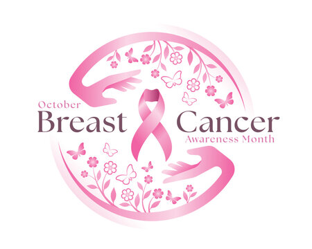 Breast cancer awareness month - Pink ribbon in circle hand frame with flowers and butterfly around vector design