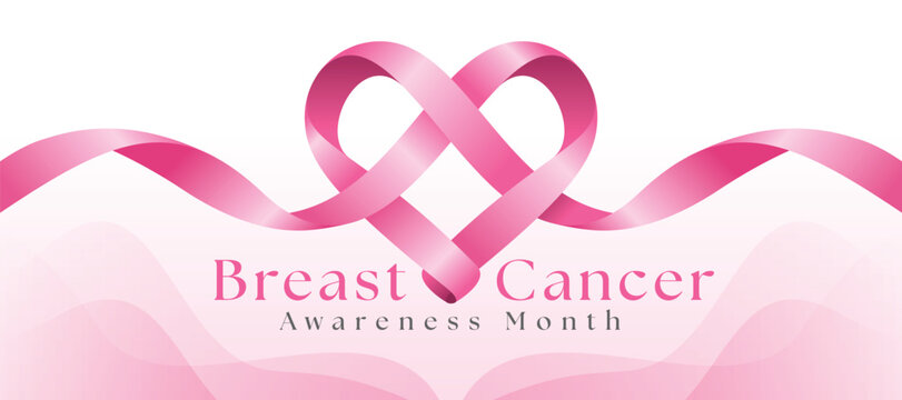 Breast cancer awareness month - Pink ribbon rolling and waving cross to heart shape vector design