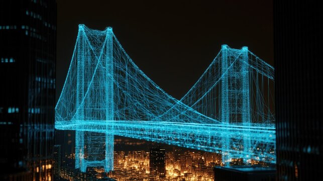 Futuristic glowing digital wireframe suspension bridge over a city at night