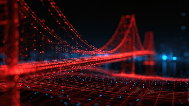 Digital network visualization of a suspension bridge at night