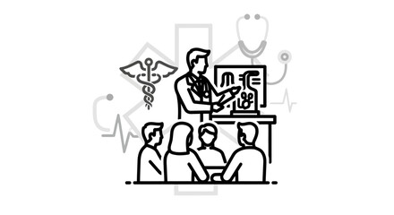 Fototapeta premium Doctor teaching medical students anatomy on screen with stethoscope and caduceus