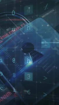 Animation of padlock icon and data processing on black background