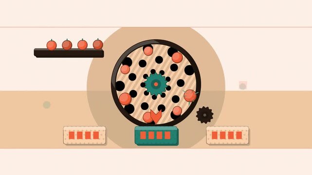 Abstract animated apple grading drum sorting drawn as amber and orange lines and shapes on a bright, clean light background. Seamless looping 4K motion graphics video with free space for text, ideal f