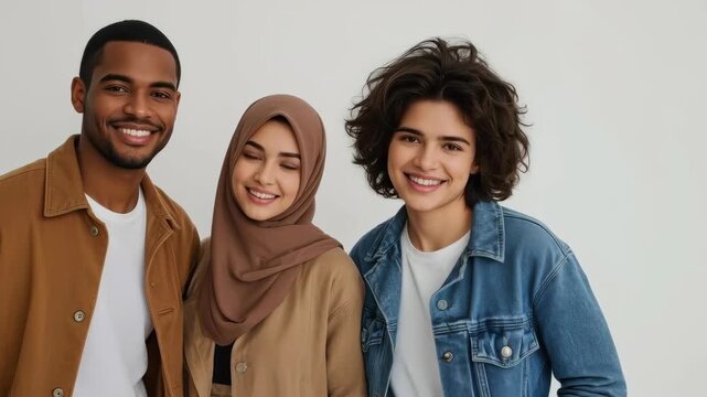 Diverse Friends Smile Together in Casual Group Portrait Against Neutral Background