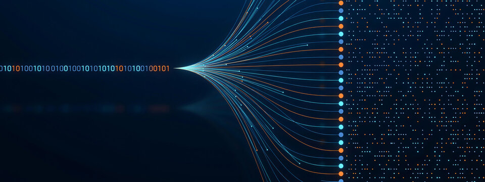 Flowing binary code streams converging into central data point illustrate digital transformation and analytics integration process.