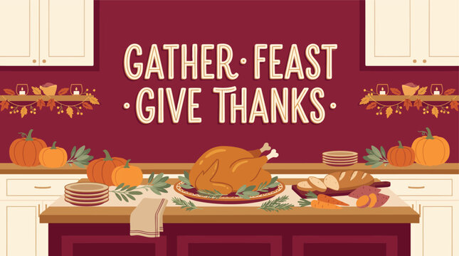 Heartwarming Thanksgiving Family Feast in a Cozy Kitchen Setting with Festive Greetings and Autumn Decor