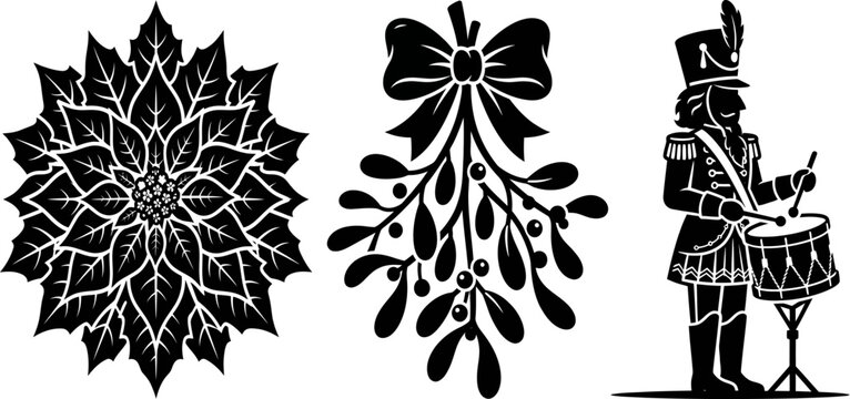 Christmas poinsettia flower mistletoe bunch and drummer boy toy soldier silhouette icons for festive crafting.