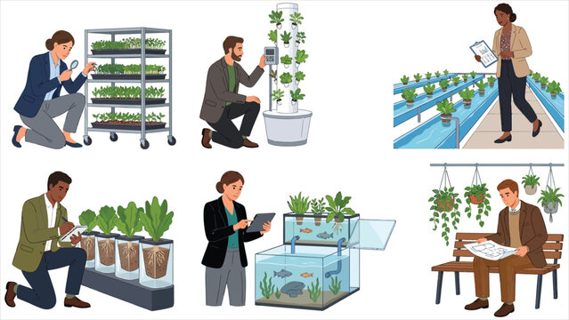 Agritech scientists and agricultural engineers inspecting hydroponic vertical farming systems vector set.
