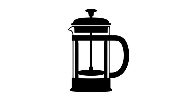 Black silhouette vector icon of a French press coffee maker. Ideal for barista equipment graphics, home brewing concepts, and coffee shop menu illustrations. Isolated on white.