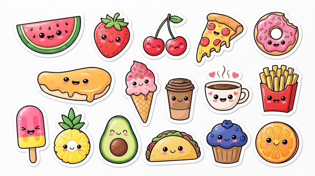 Cute kawaii food and fruit sticker set with adorable smiling characters on white background