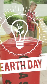 Recycling trash, people in park with Earth Day animation over light bulb icon