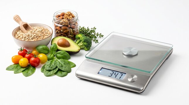 Digital kitchen scale with fresh vegetables and healthy ingredients for diet tracking.