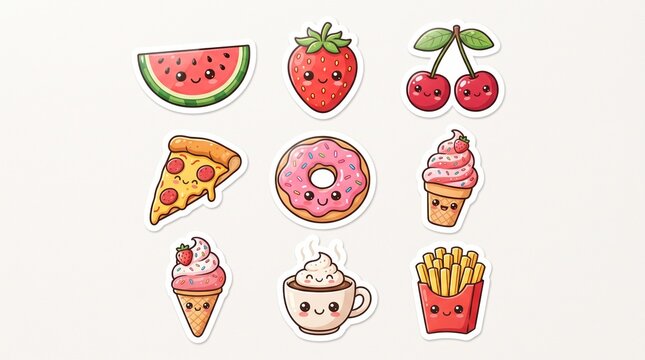Set of cute kawaii food and fruit stickers with happy faces in cartoon illustration style