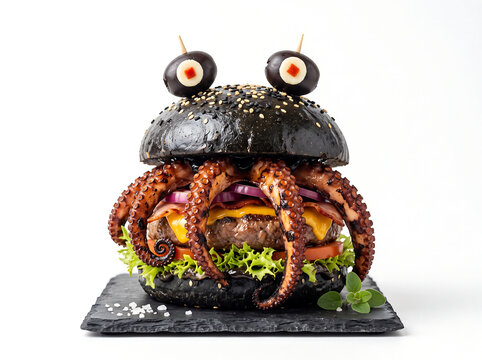 Artistic black squid-ink Cthulhu monster burger.