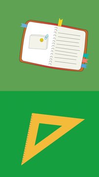 Animation of green rectangles with setsquare and notebooks moving on white background