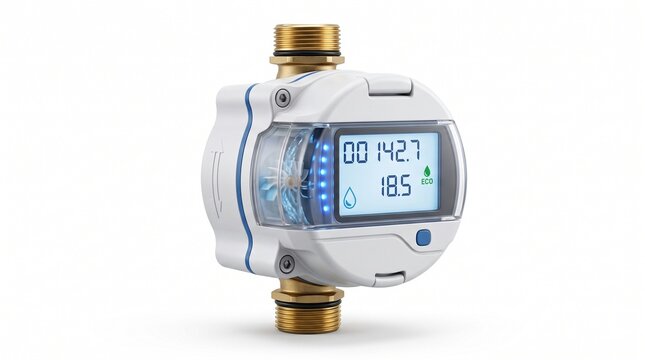 Smart digital water meter with LCD display for residential utility monitoring on white