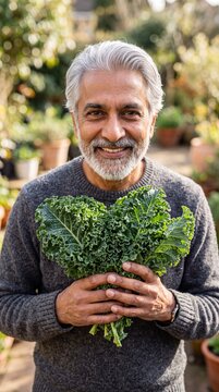Vibrant Vitality: Active Senior South Asian Man with Fresh Kale