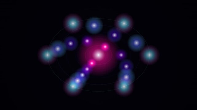 Glowing atomic structure with orbiting electrons forming a seamless looping tech background