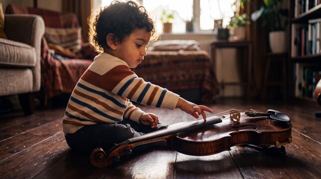 Melodic Wonder: South Asian Toddler Discovering Violin with Cinematic Rim Lighting