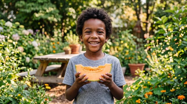 Golden Summer Refreshment: Cheerful African-American Boy with Fresh Cantaloupe