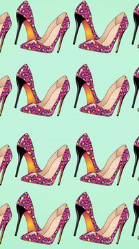 Animation of pink high heels repeated on green backgroud