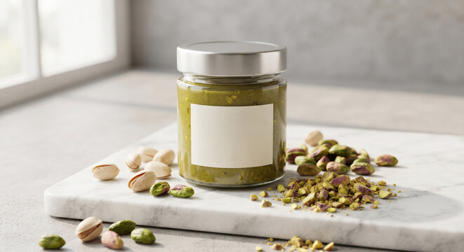 A pristine glass jar of vibrant green pistachio butter resting on a slab of white marble, surrounded by scattered whole pistachios and crunchy crushed kernels, bright natural side lighting, macro prod