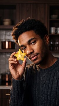 Celestial Geometry: Stylish Mixed-Ethnicity Teenager with Fresh Starfruit
