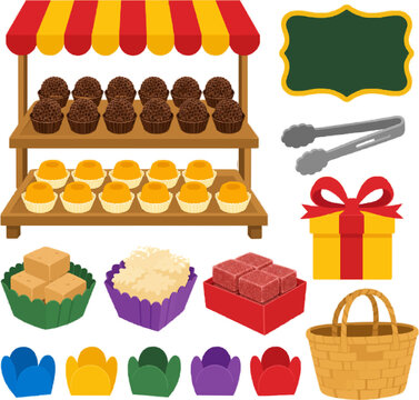 Brazilian Sweet Shop vector illustration collection with brigadeiro display, quindim tray, pa&ccedil;oca pieces, cocada basket