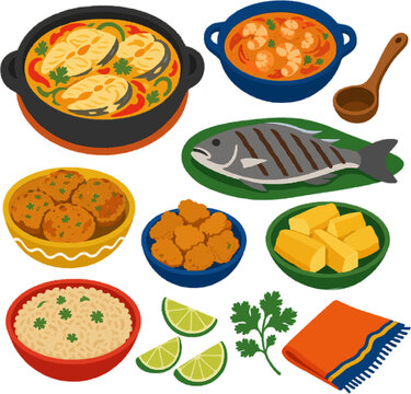 Brazilian Coastal Food vector illustration collection with moqueca fish stew, shrimp stew, grilled fish simplified into a solid shape, crab cakes