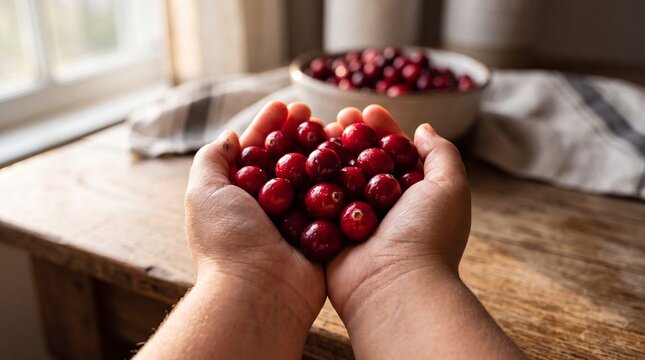 Crimson Harvest Discovery: Immersive POV of Mixed-Ethnicity Child with Fresh Cranberries